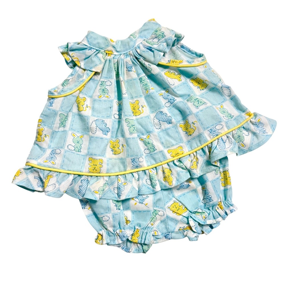 VTG Fawn Togs 2 Piece Outfit 3 Mos. Baby Girls Blue Checkered Animals Ruffle